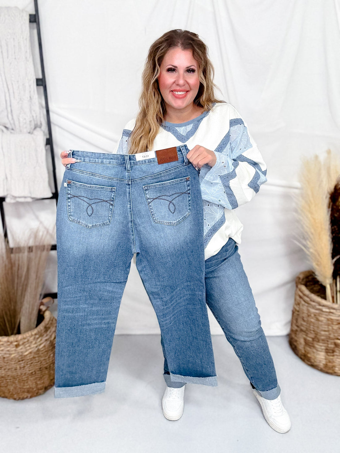 Judy Blue High - Waist Boyfriend Criss - Cross Waist Band Jeans - Whiskey Skies - JUDY BLUE