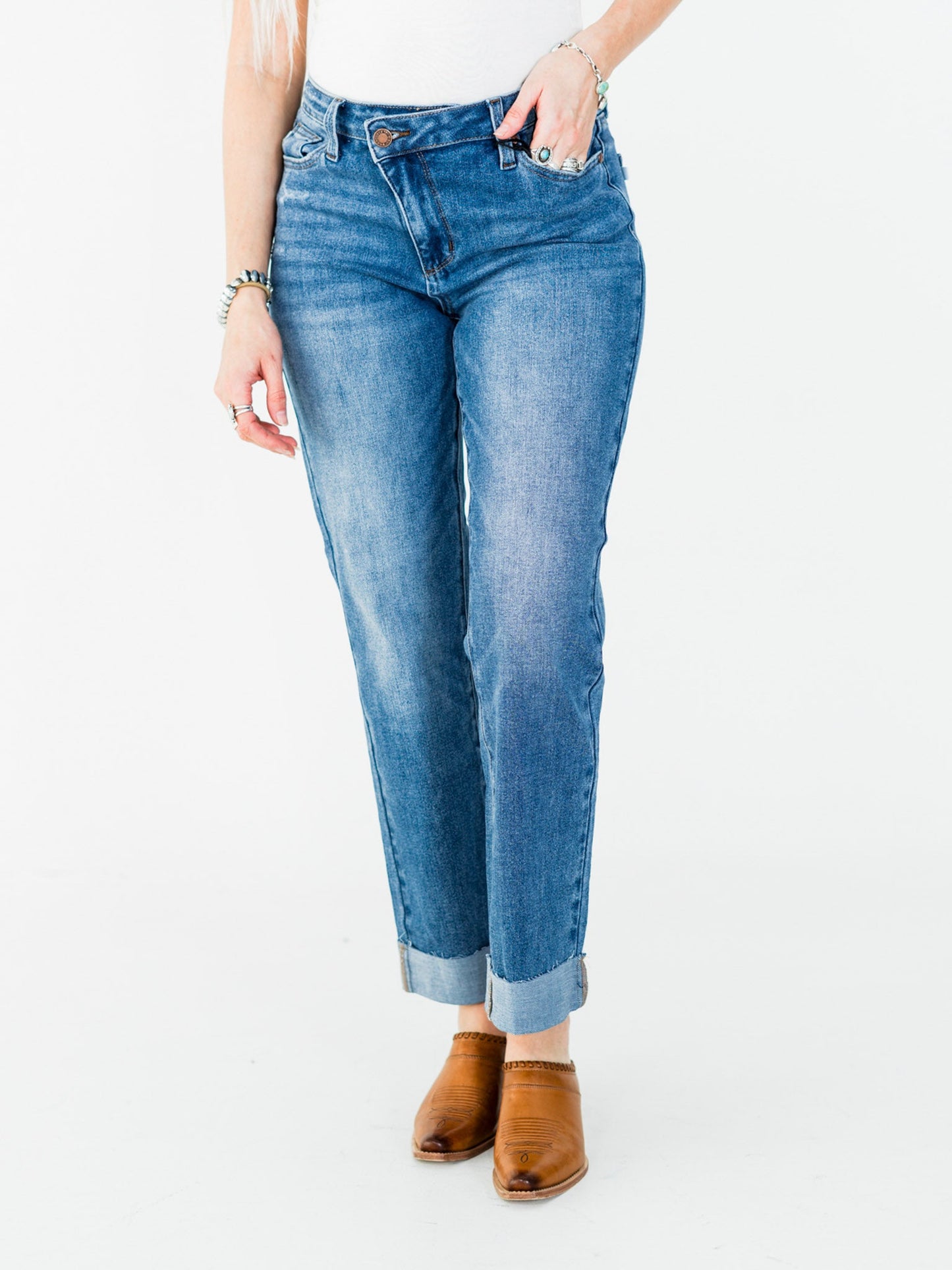 Judy Blue High - Waist Boyfriend Criss - Cross Waist Band Jeans - Whiskey Skies - JUDY BLUE