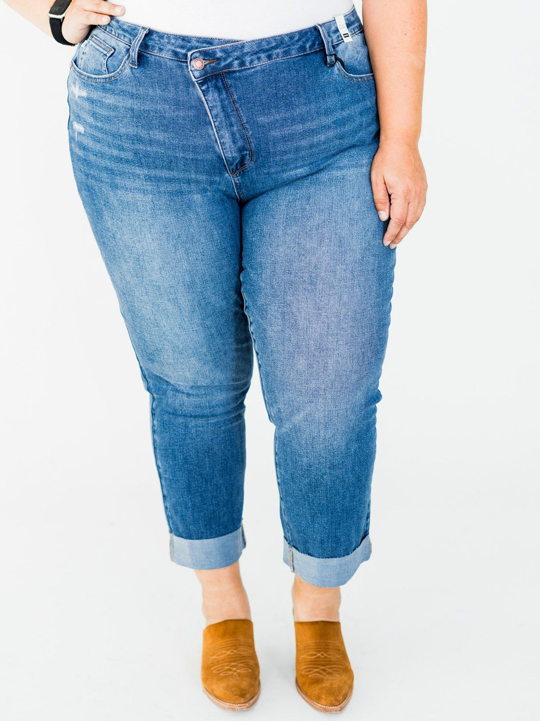 Judy Blue High - Waist Boyfriend Criss - Cross Waist Band Jeans - Whiskey Skies - JUDY BLUE