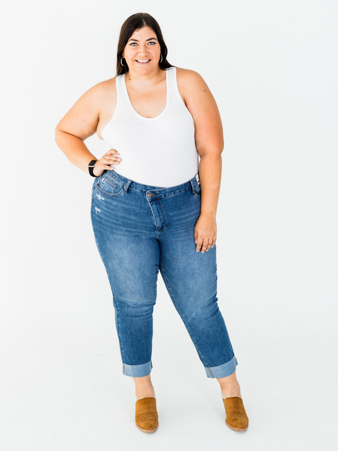 Judy Blue High - Waist Boyfriend Criss - Cross Waist Band Jeans - Whiskey Skies - JUDY BLUE