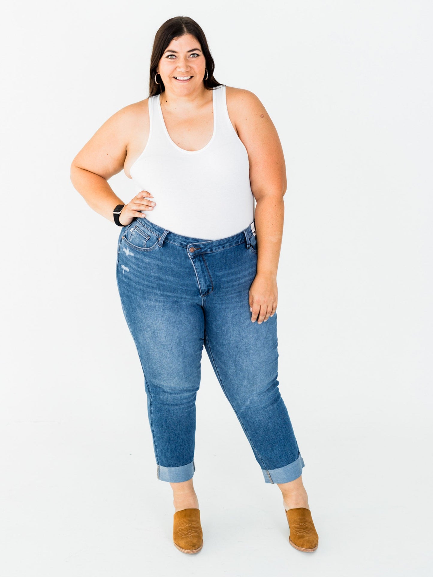 Judy Blue High - Waist Boyfriend Criss - Cross Waist Band Jeans - Whiskey Skies - JUDY BLUE