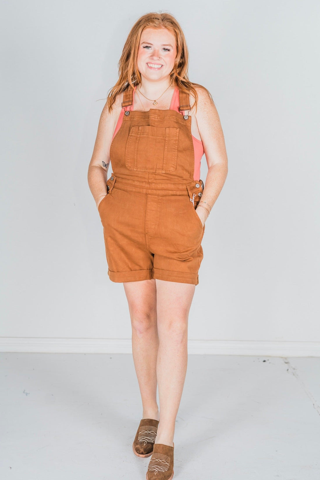 Judy Blue High Waist Brown Garment Dyed Destroy Cuff Overall Shorts - Whiskey Skies - JUDY BLUE