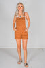 Judy Blue High Waist Brown Garment Dyed Destroy Cuff Overall Shorts - Whiskey Skies - JUDY BLUE