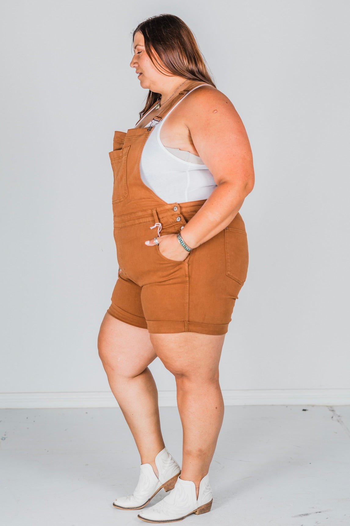 Judy Blue High Waist Brown Garment Dyed Destroy Cuff Overall Shorts - Whiskey Skies - JUDY BLUE