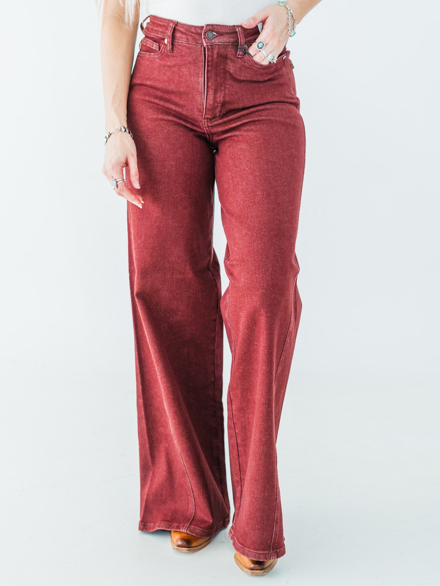 Judy Blue High - Waist Burgundy Retro Wide Jeans - Whiskey Skies - JUDY BLUE