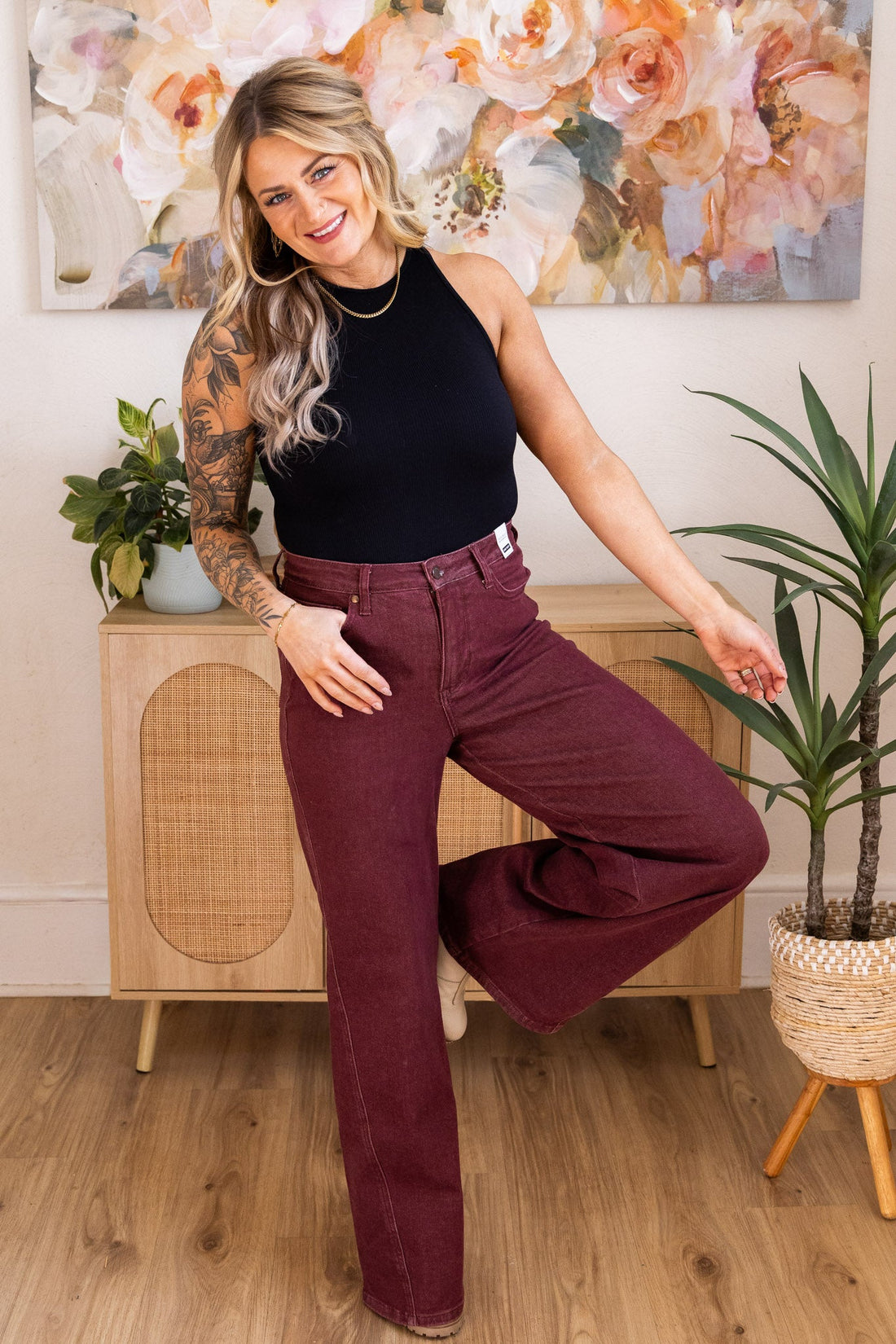 Judy Blue High - Waist Burgundy Retro Wide Jeans - Whiskey Skies - JUDY BLUE