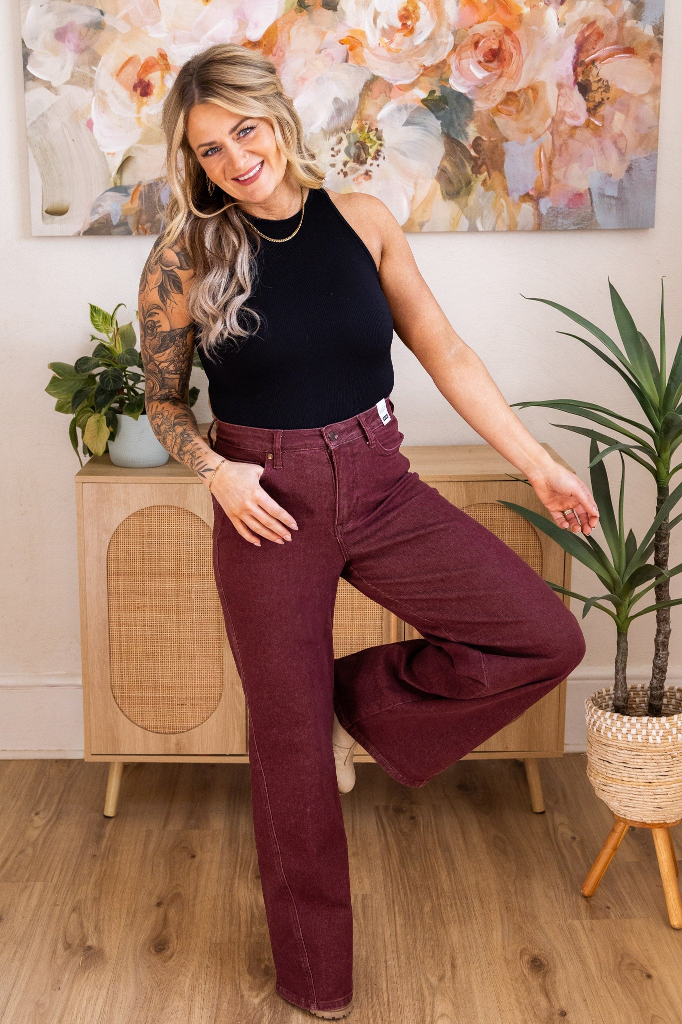 Judy Blue High - Waist Burgundy Retro Wide Jeans - Whiskey Skies - JUDY BLUE
