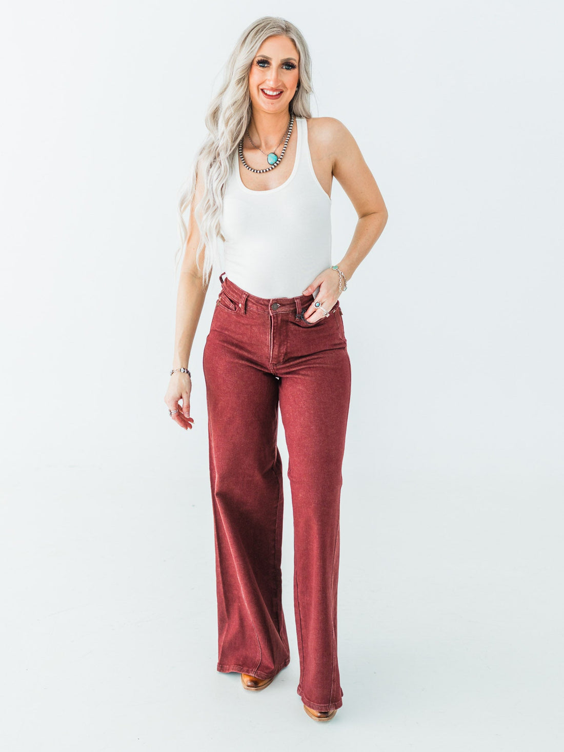 Judy Blue High - Waist Burgundy Retro Wide Jeans - Whiskey Skies - JUDY BLUE