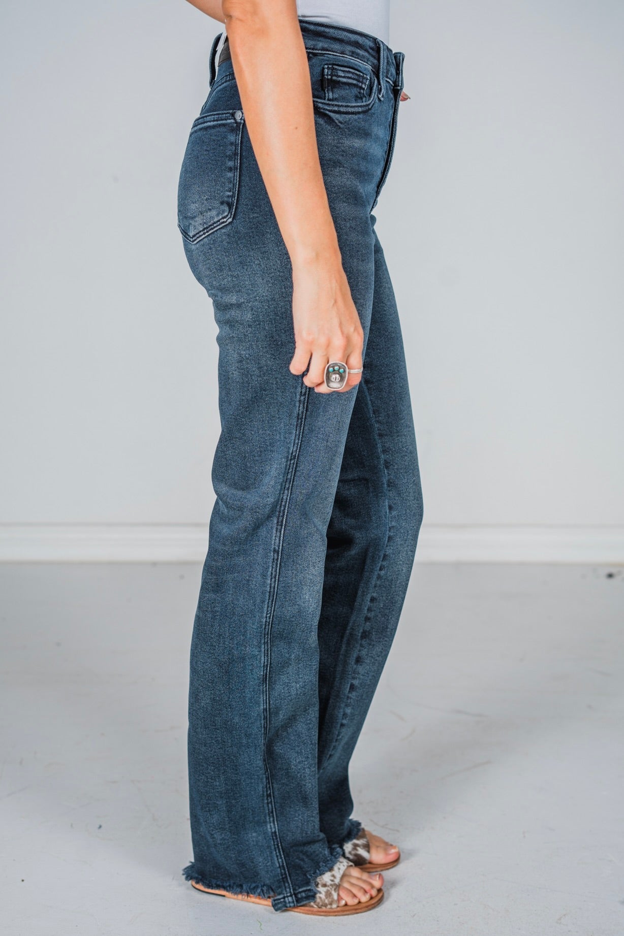 Judy Blue High Waist Button Fly Hem Destroy Straight Jeans - Whiskey Skies - JUDY BLUE