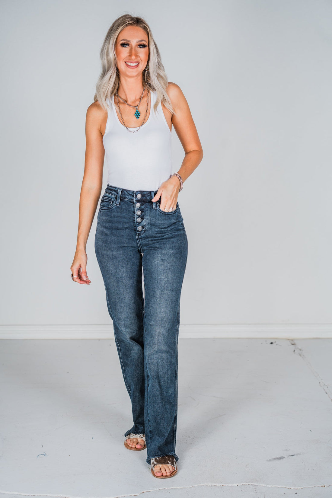 Judy Blue High Waist Button Fly Hem Destroy Straight Jeans - Whiskey Skies - JUDY BLUE