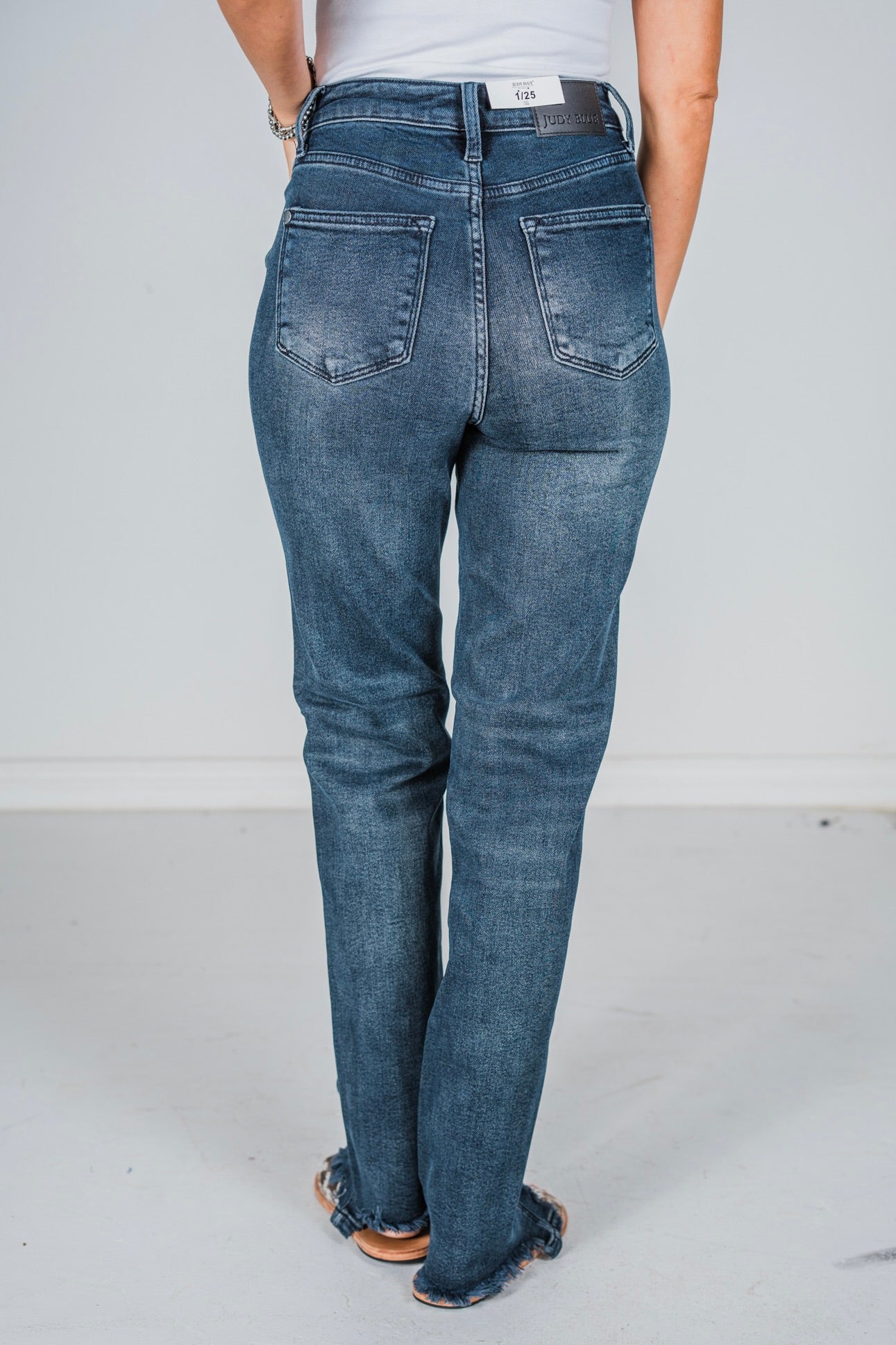 Judy Blue High Waist Button Fly Hem Destroy Straight Jeans - Whiskey Skies - JUDY BLUE