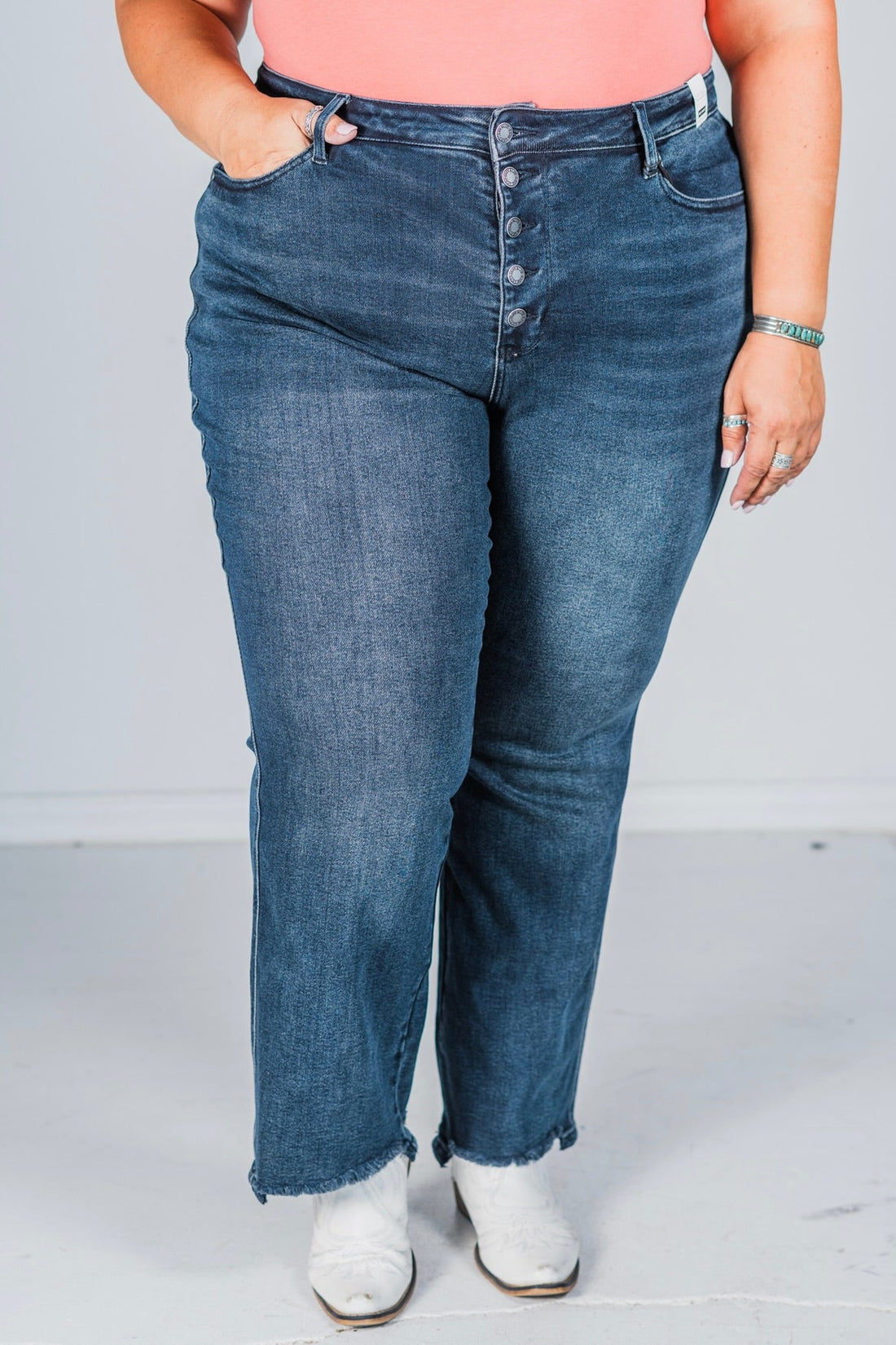 Judy Blue High Waist Button Fly Hem Destroy Straight Jeans - Whiskey Skies - JUDY BLUE