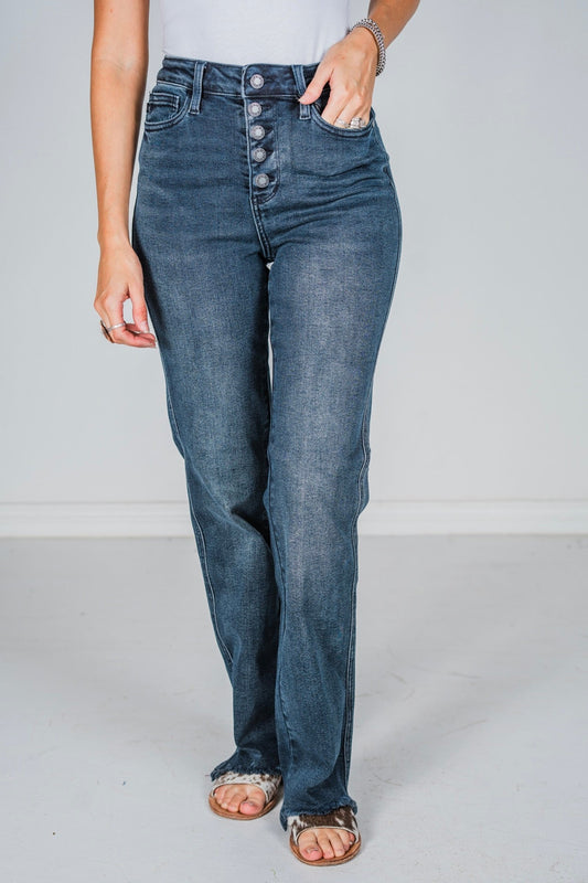 Judy Blue High Waist Button Fly Hem Destroy Straight Jeans - Whiskey Skies - JUDY BLUE