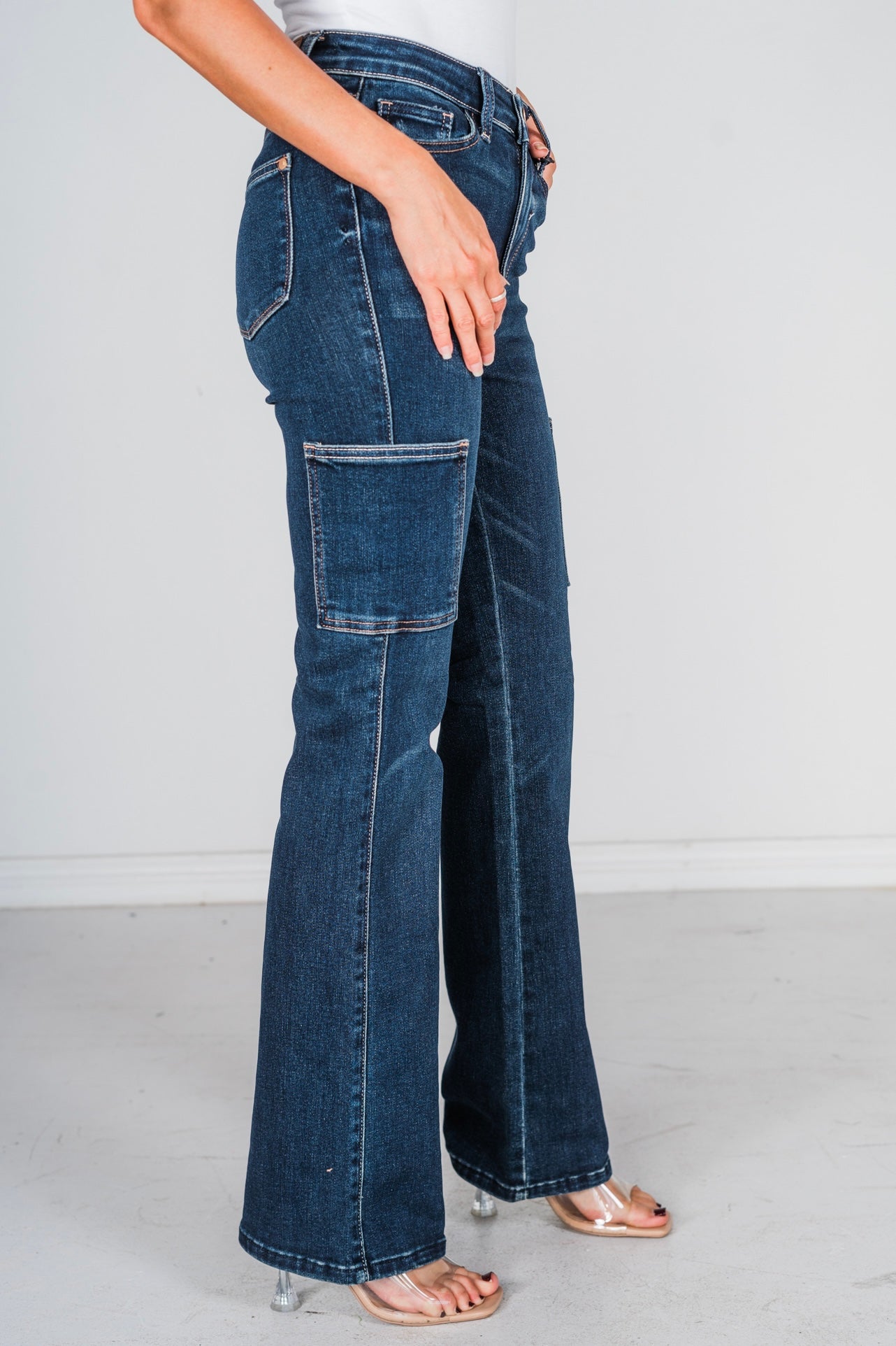 Judy Blue High Waist Cargo Bootcut Jeans - Whiskey Skies - JUDY BLUE