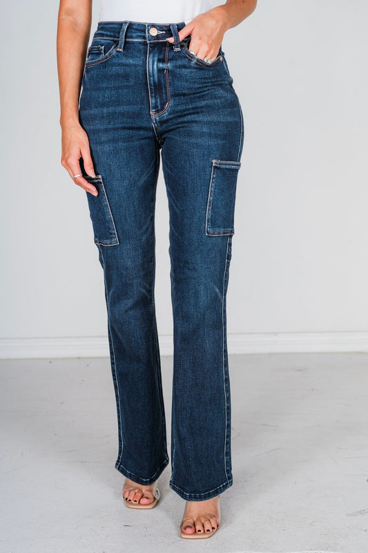 Judy Blue High Waist Cargo Bootcut Jeans - Whiskey Skies - JUDY BLUE