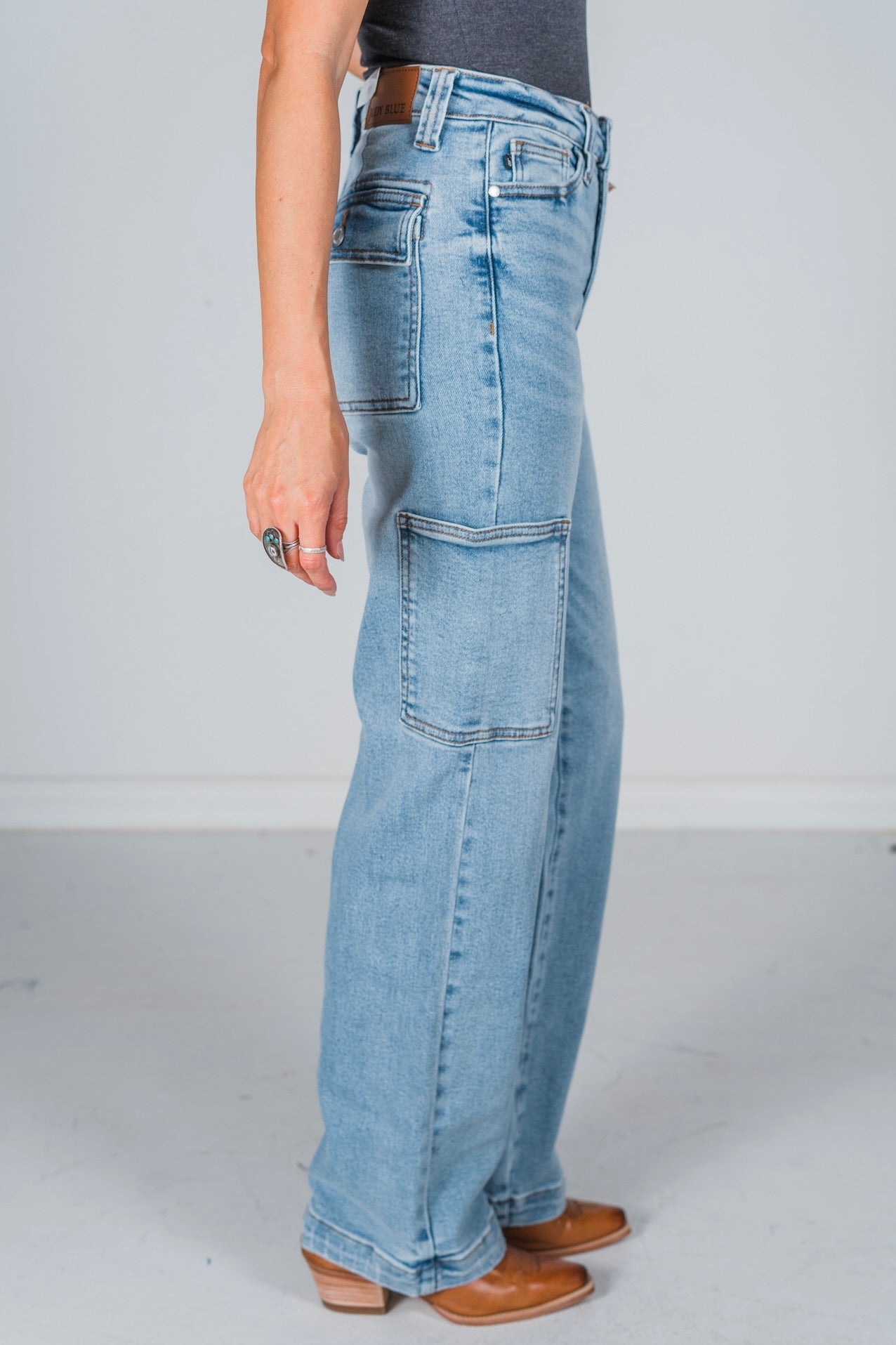 Judy Blue High Waist Cargo Wide Leg Jeans - Whiskey Skies - JUDY BLUE