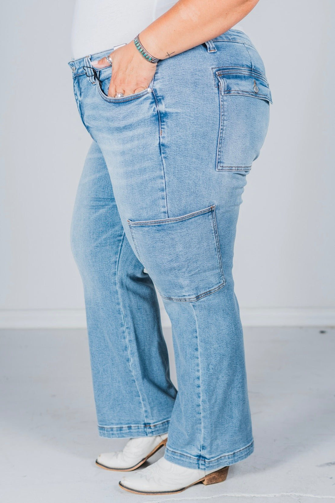 Judy Blue High Waist Cargo Wide Leg Jeans - Whiskey Skies - JUDY BLUE