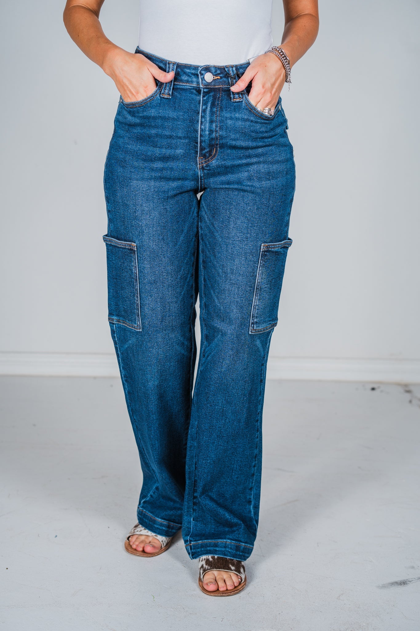 Judy Blue High Waist Cargo Wide Leg Jeans - Whiskey Skies - JUDY BLUE