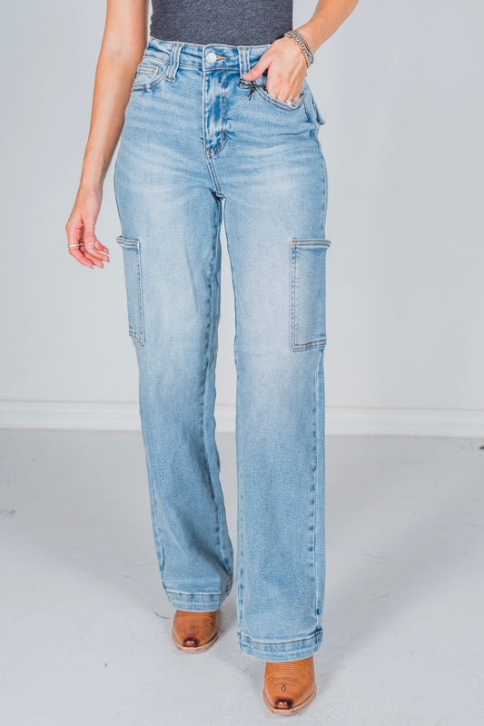 Judy Blue High Waist Cargo Wide Leg Jeans - Whiskey Skies - JUDY BLUE