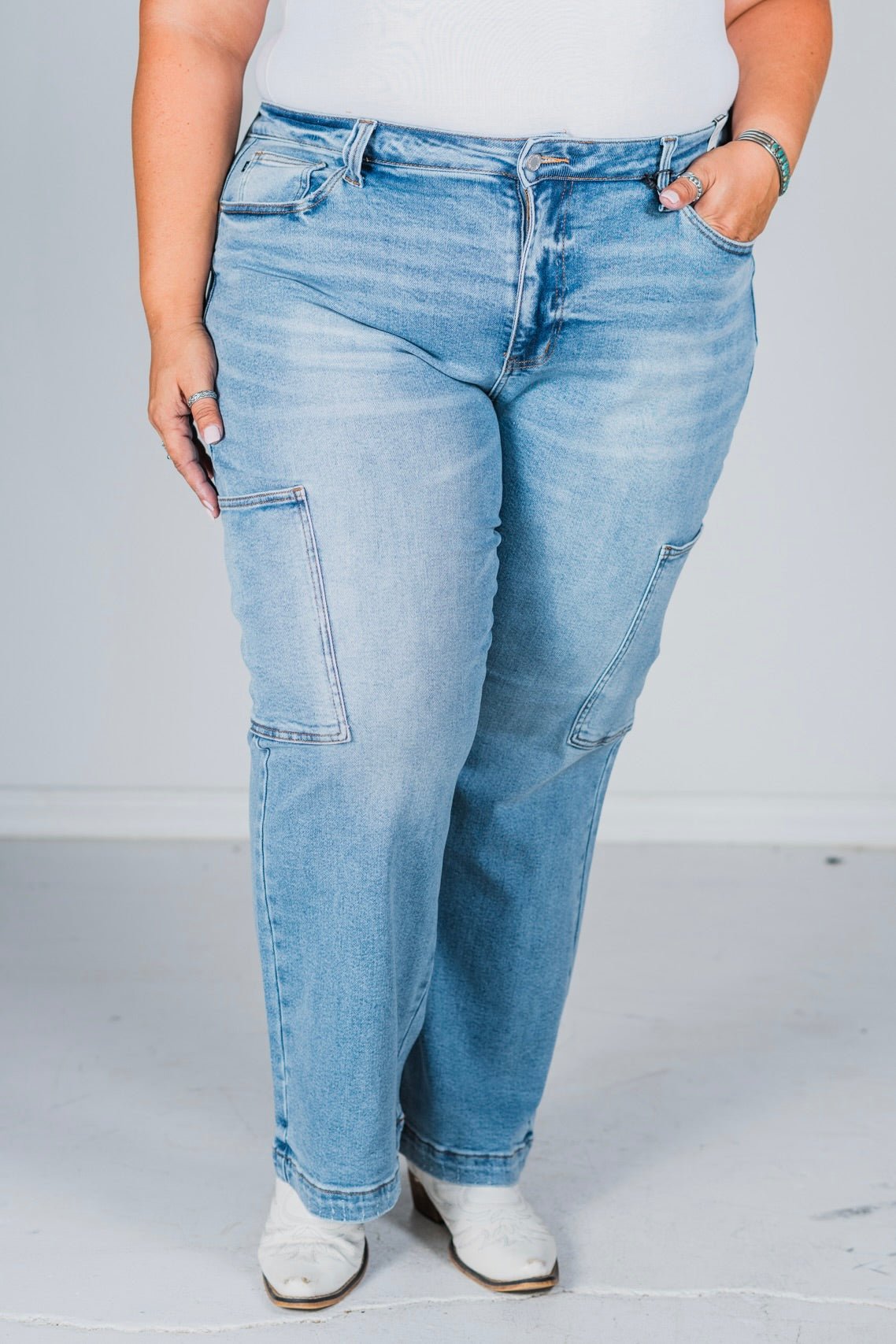 Judy Blue High Waist Cargo Wide Leg Jeans - Whiskey Skies - JUDY BLUE