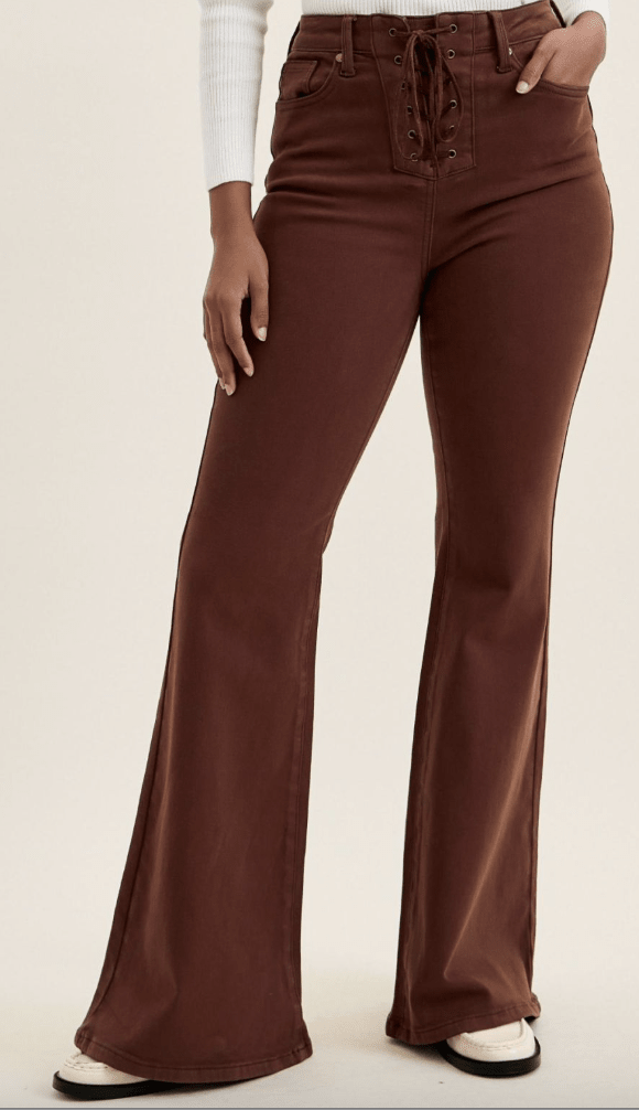 Judy Blue High Waist Cocoa Brown Flares With Lace Up Fly - Whiskey Skies - JUDY BLUE