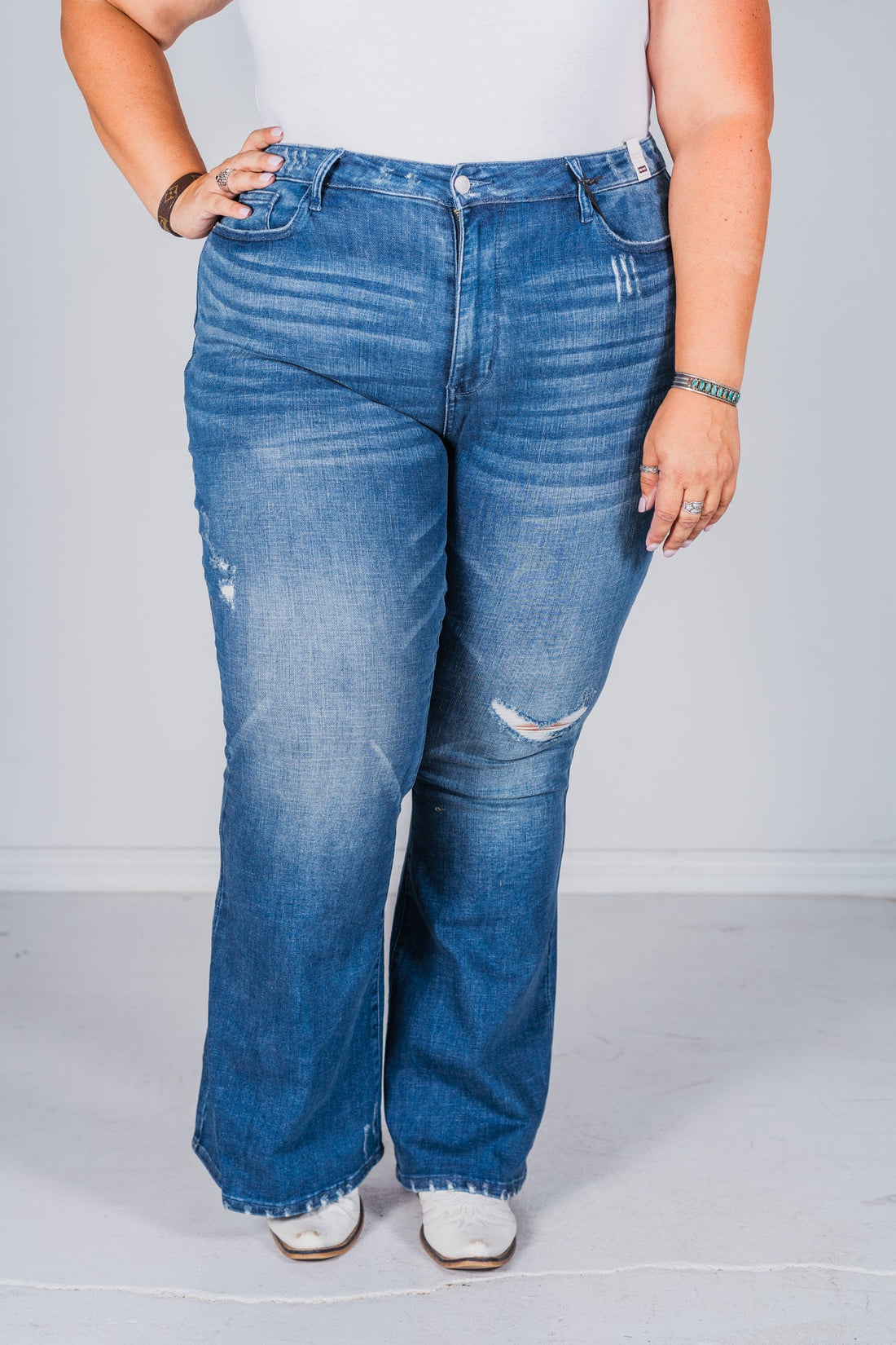 Judy Blue High - Waist Contrast Wash Destroyed Flare Jeans - Whiskey Skies - JUDY BLUE