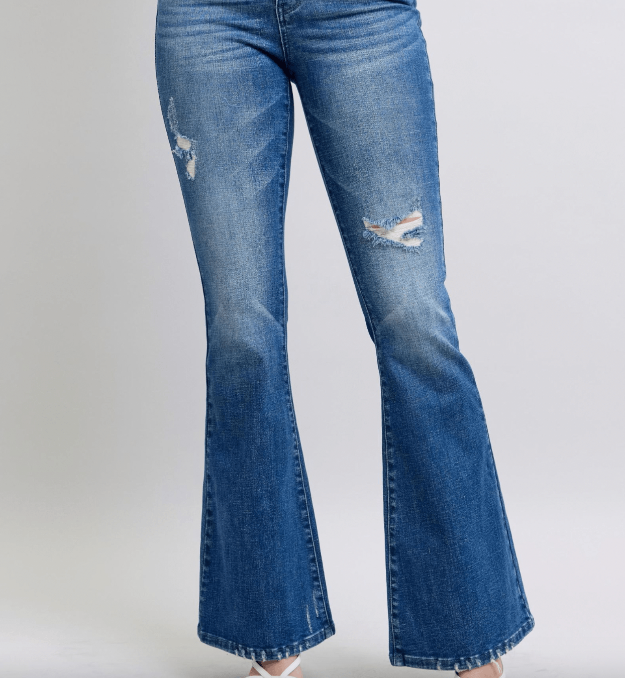 Judy Blue High - Waist Contrast Wash Destroyed Flare Jeans - Whiskey Skies - JUDY BLUE