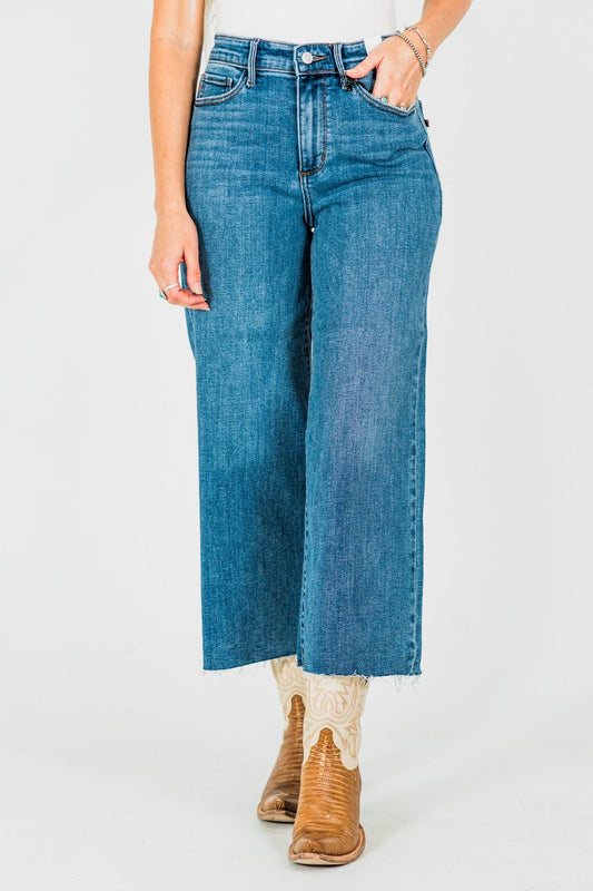 Judy Blue High Waist Cropped Wide Leg Raw Hem Jeans - Whiskey Skies - JUDY BLUE