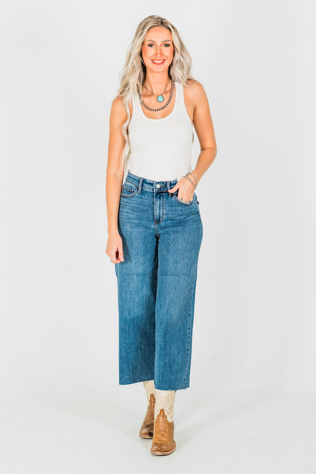 Judy Blue High Waist Cropped Wide Leg Raw Hem Jeans - Whiskey Skies - JUDY BLUE