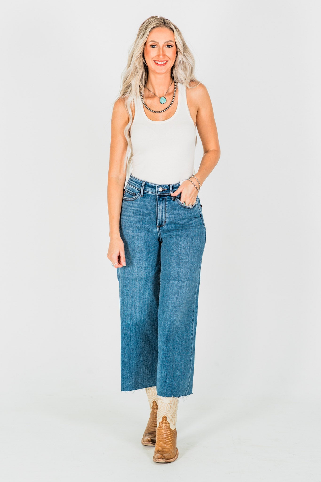 Judy Blue High Waist Cropped Wide Leg Raw Hem Jeans - Whiskey Skies - JUDY BLUE