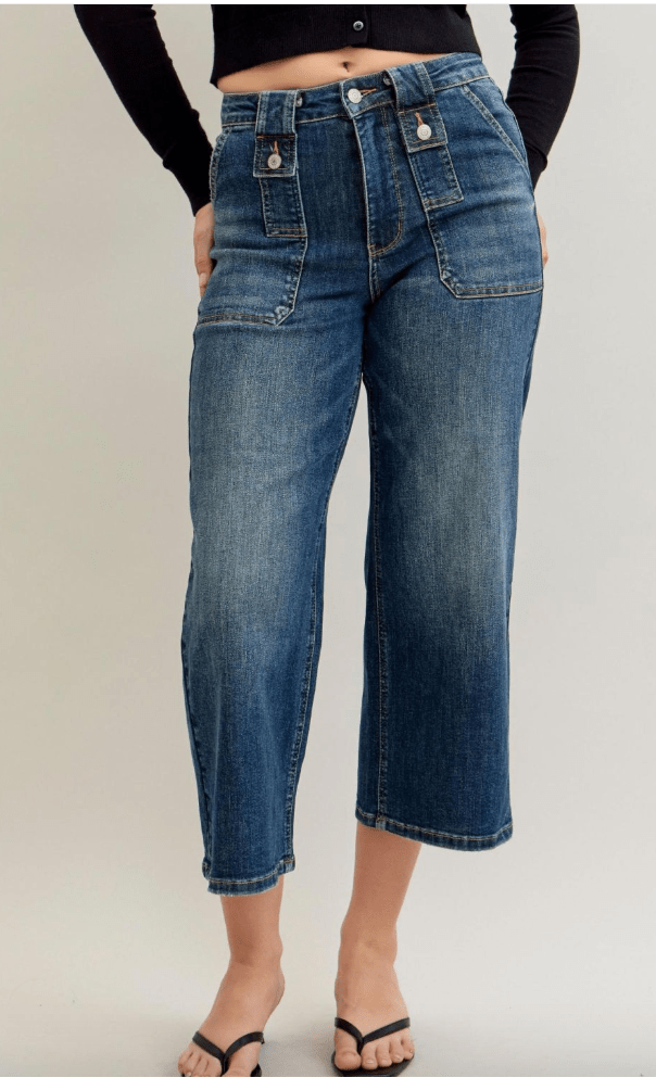 Judy Blue High Waist Cropped Wide Leg Utility Jeans With Patch Pockets - Whiskey Skies - JUDY BLUE