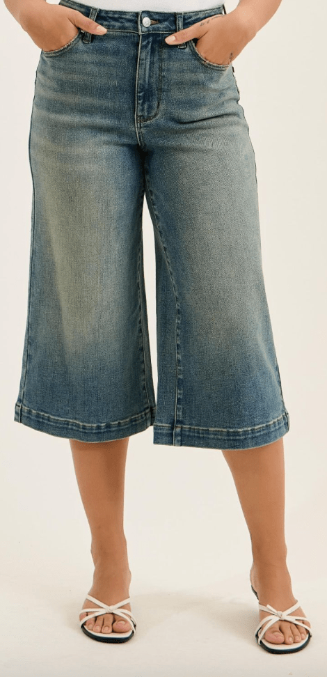 Judy Blue High Waist Culotte Jeans W/ Side Shaping Seams - Whiskey Skies - JUDY BLUE