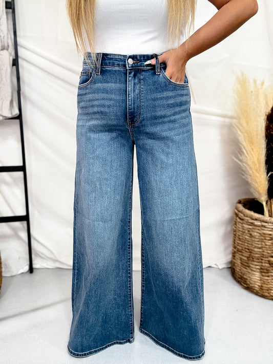 Judy Blue High Waist Dark Wash Palazzo Jeans - Whiskey Skies - JUDY BLUE