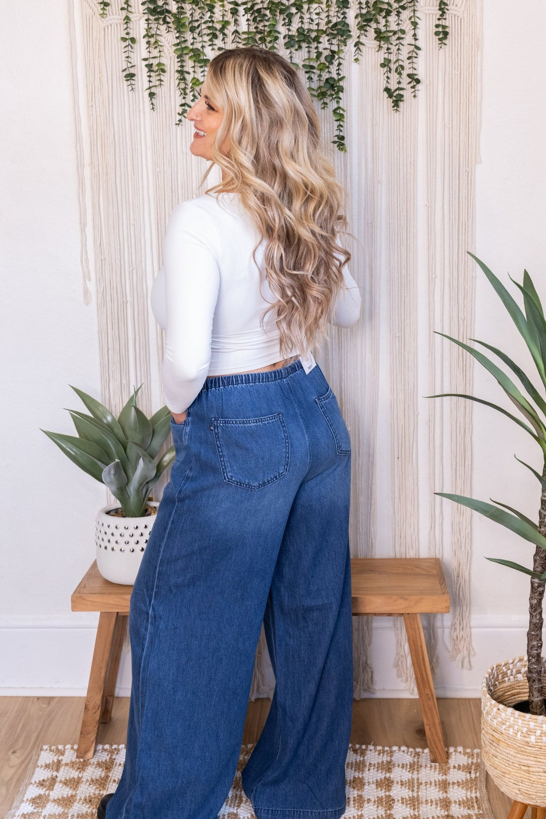 Judy Blue High Waist Dark Wash Palazzo Jeans With Drawstring Waist - Whiskey Skies - JUDY BLUE