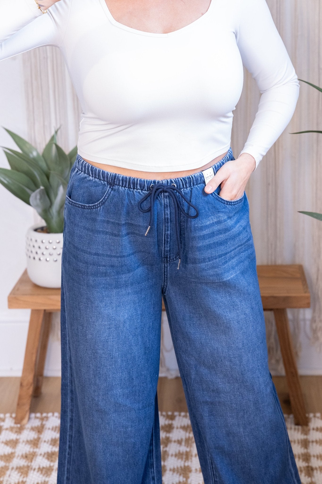 Judy Blue High Waist Dark Wash Palazzo Jeans With Drawstring Waist - Whiskey Skies - JUDY BLUE