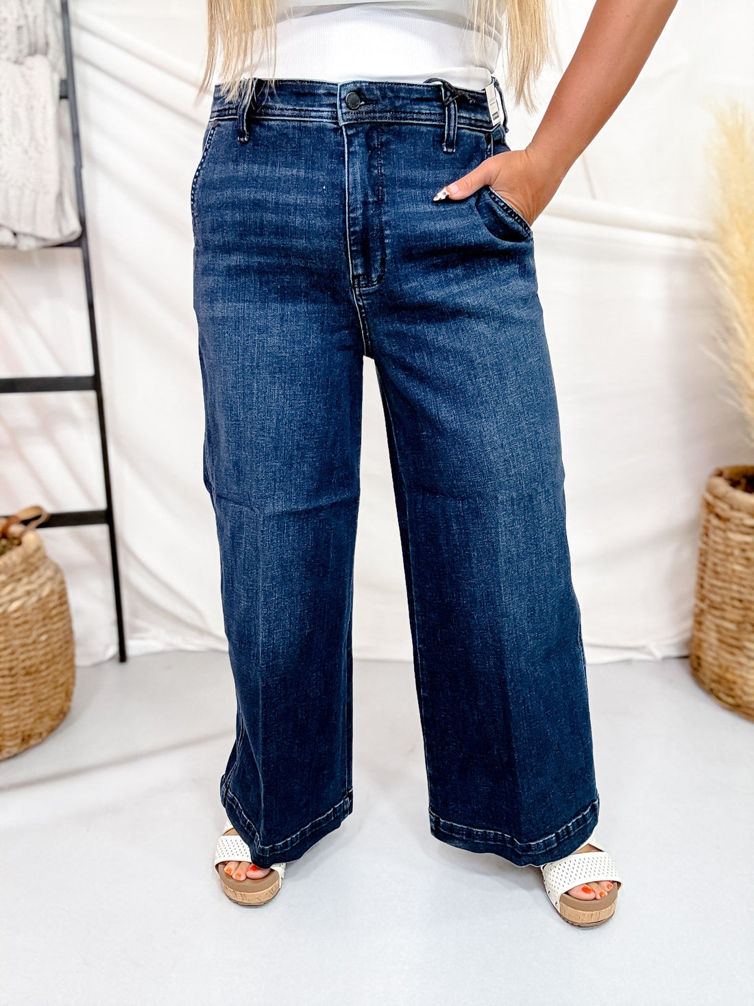 Judy Blue High Waist Dark Wash Trouser Style Ankle Wide - Whiskey Skies - JUDY BLUE