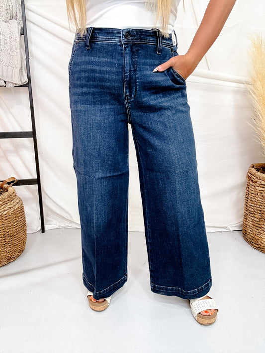 Judy Blue High Waist Dark Wash Trouser Style Ankle Wide - Whiskey Skies - JUDY BLUE