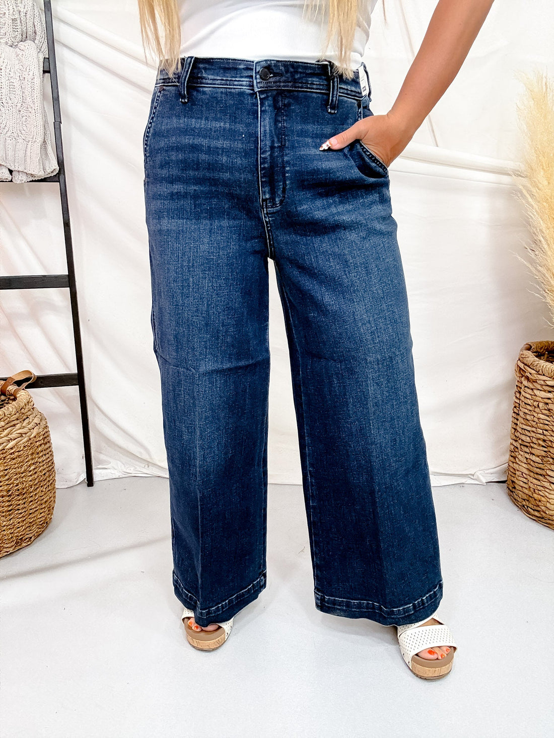 Judy Blue High Waist Dark Wash Trouser Style Ankle Wide - Whiskey Skies - JUDY BLUE