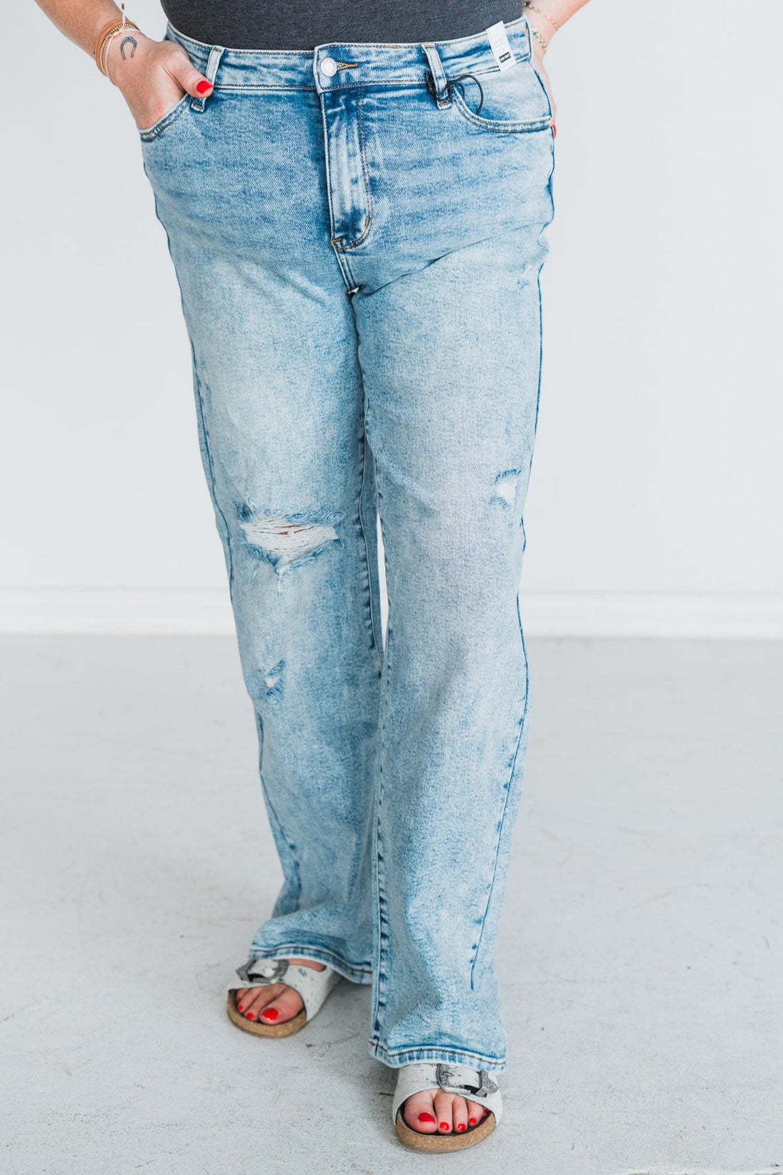 Judy Blue High - Waist Distressed 90's Straight Jeans - Whiskey Skies - JUDY BLUE