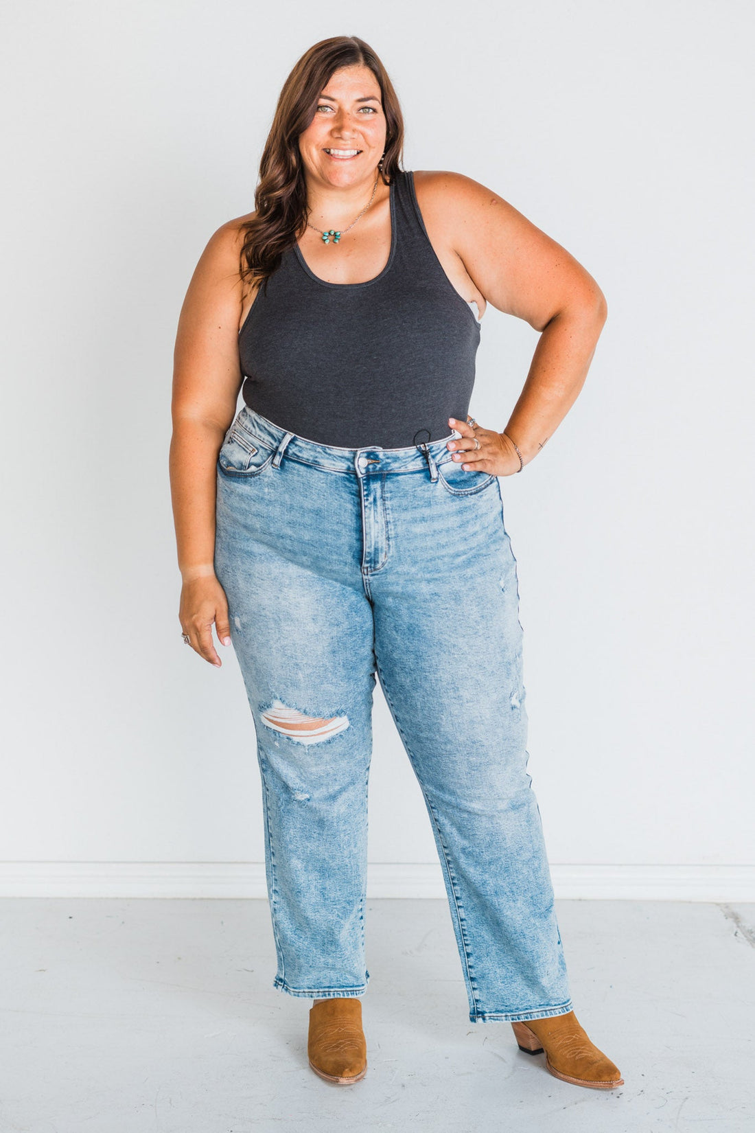 Judy Blue High - Waist Distressed 90's Straight Jeans - Whiskey Skies - JUDY BLUE