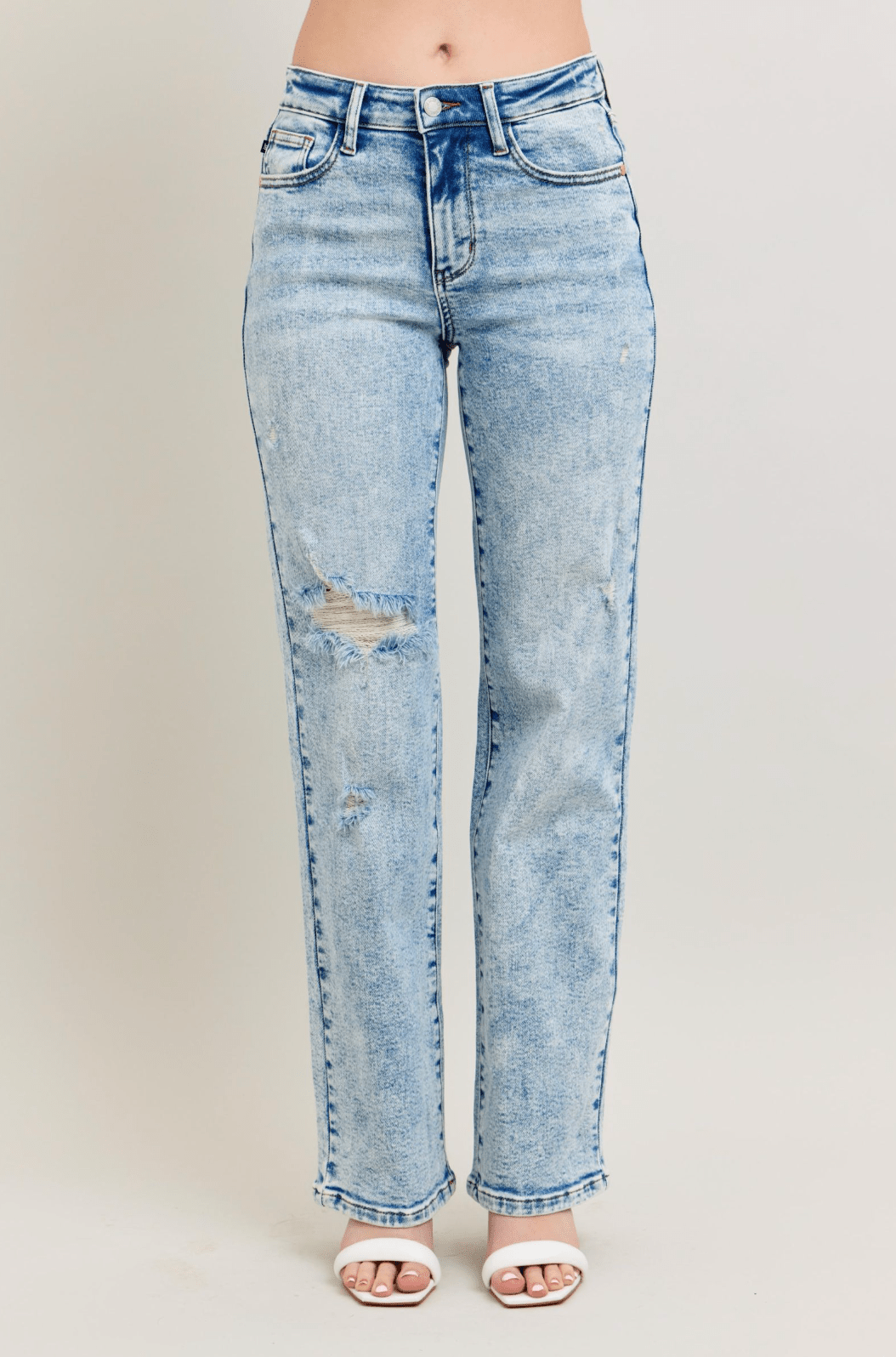 Judy Blue High - Waist Distressed 90's Straight Jeans - Whiskey Skies - JUDY BLUE