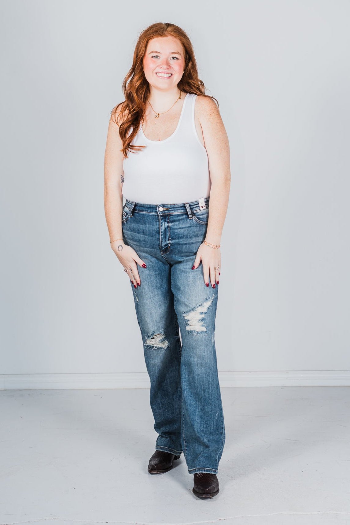 Judy Blue High Waist Distressed Dad Jeans - Whiskey Skies - JUDY BLUE