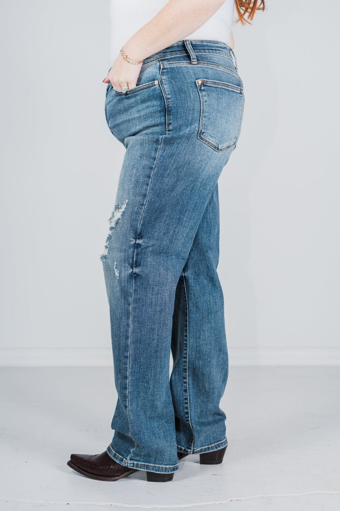 Judy Blue High Waist Distressed Dad Jeans - Whiskey Skies - JUDY BLUE