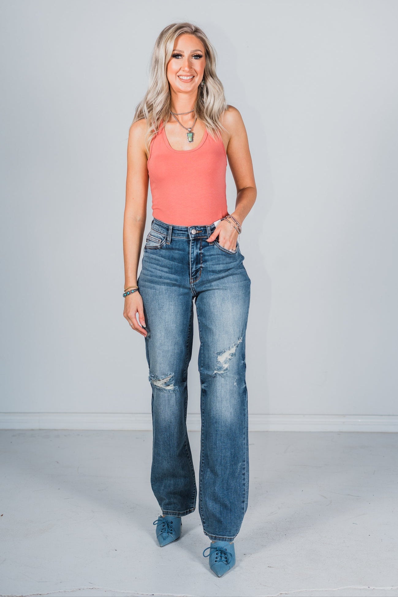 Judy Blue High Waist Distressed Dad Jeans - Whiskey Skies - JUDY BLUE