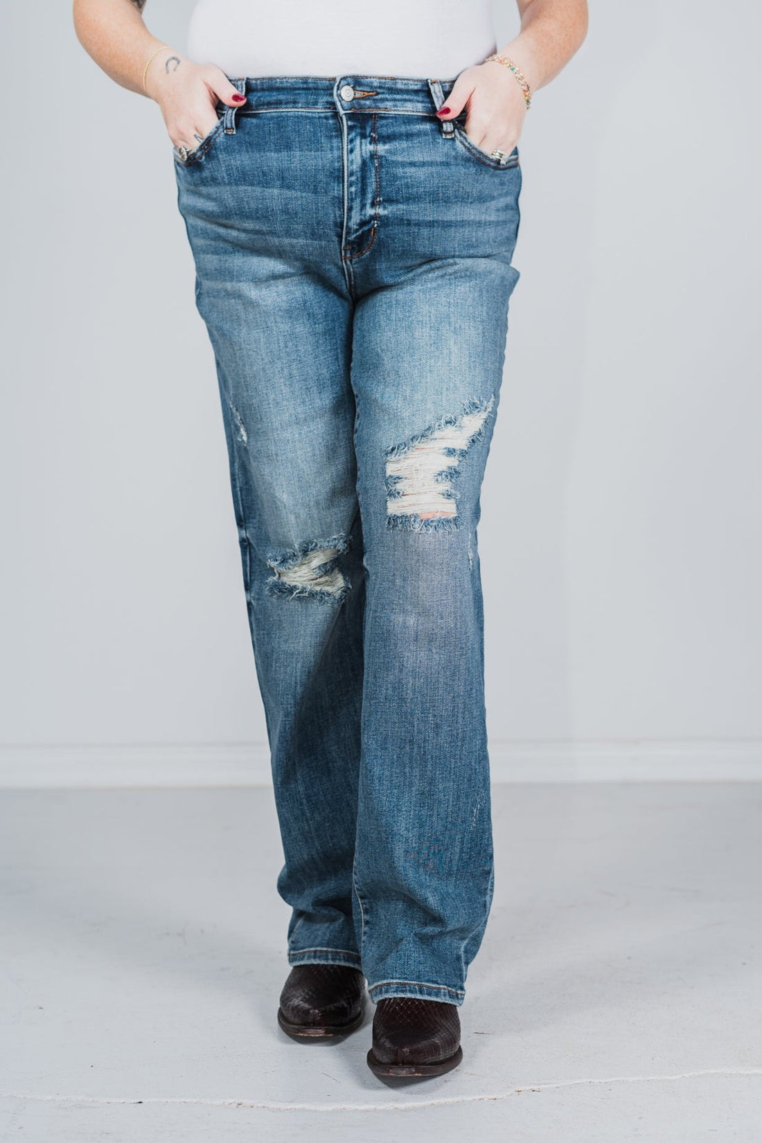 Judy Blue High Waist Distressed Dad Jeans - Whiskey Skies - JUDY BLUE