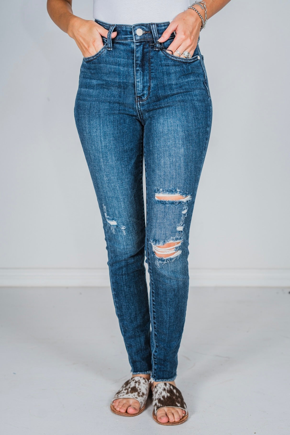 Judy Blue High - Waist Distressed Skinny Jeans - Whiskey Skies - JUDY BLUE