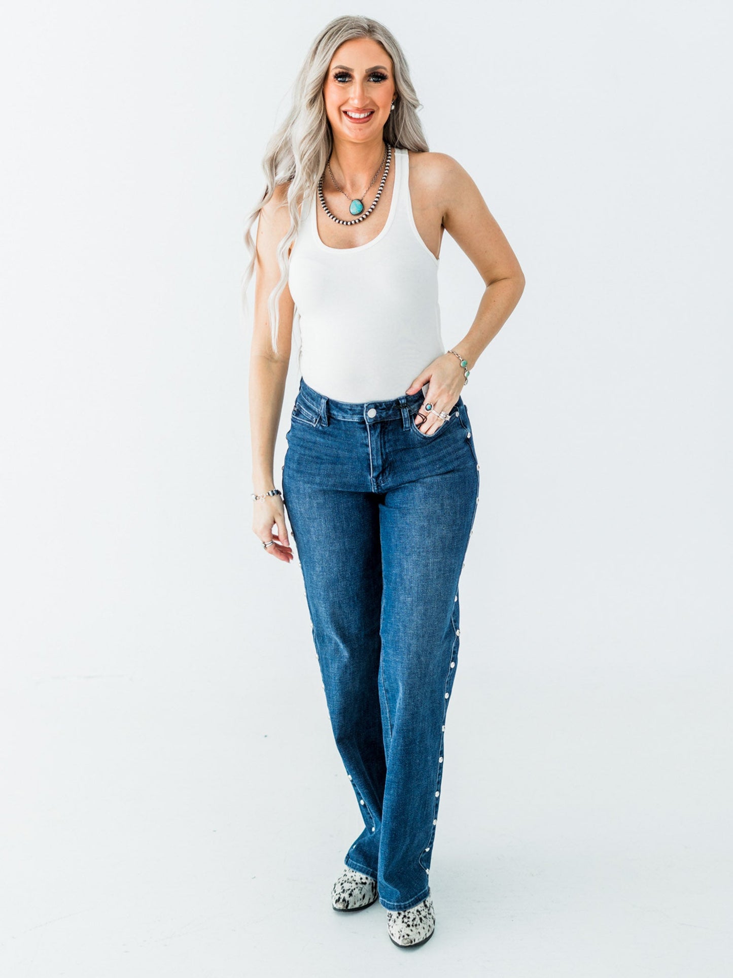 Judy Blue High - Waist Dome Studded Straight Jeans - Whiskey Skies - JUDY BLUE