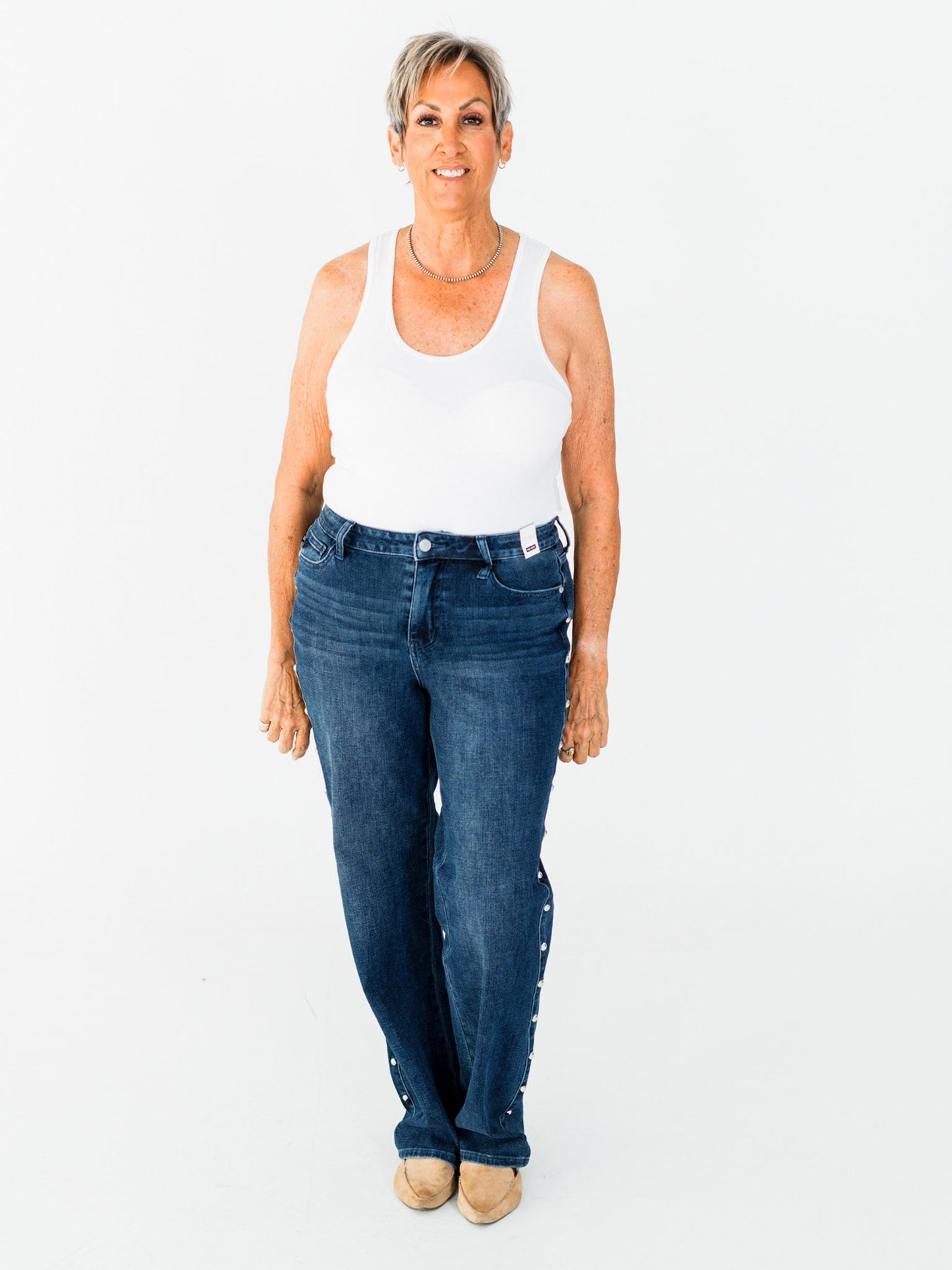 Judy Blue High - Waist Dome Studded Straight Jeans - Whiskey Skies - JUDY BLUE