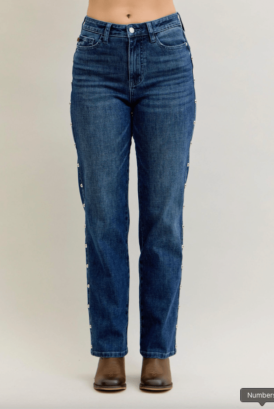 Judy Blue High - Waist Dome Studded Straight Jeans - Whiskey Skies - JUDY BLUE