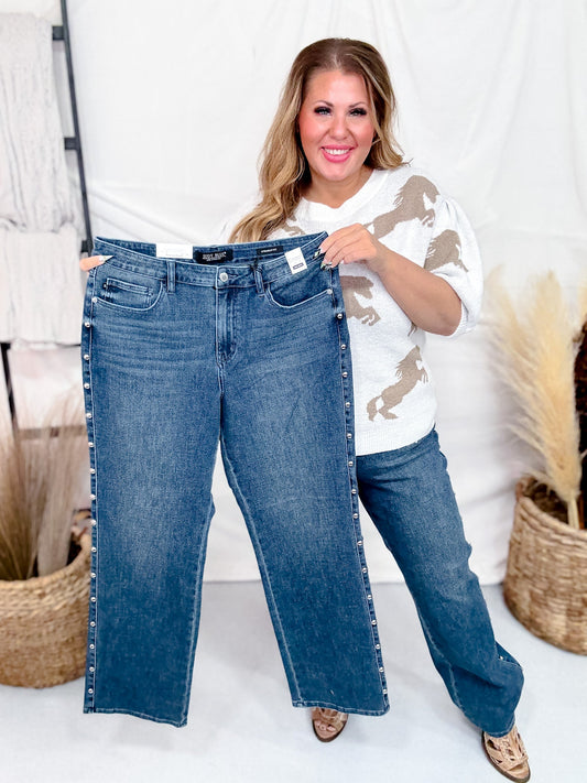 Judy Blue High - Waist Dome Studded Straight Jeans - Whiskey Skies - JUDY BLUE